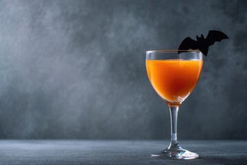 Halloween themed orange cocktail with bat garnish on grey background. Happy Halloween. Wallpaper