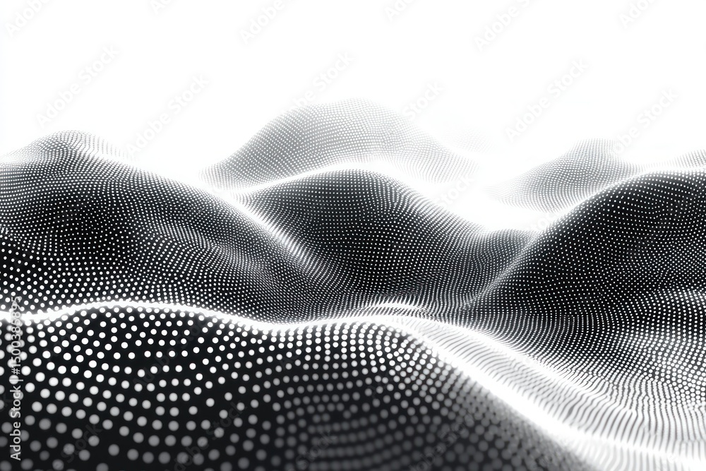 Poster abstract digital landscape composed of rolling hills made of densely packed white dots on a black ba