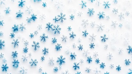 Diverse blue and white snowflakes on white background