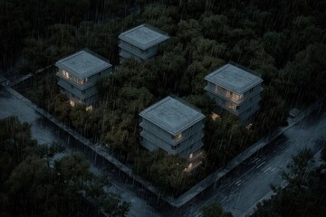 Fototapeta premium Modern architecture emerges from the dense forest under a heavy rainstorm during twilight hours in an urban setting