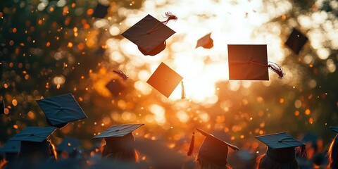 Graduates throwing black mortarboard caps into the air at sunset during an outdoor graduation ceremony symbolizing celebration and achievement