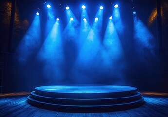 Empty circular stage illuminated by multiple blue spotlights with smoky atmosphere in a dark theater setting