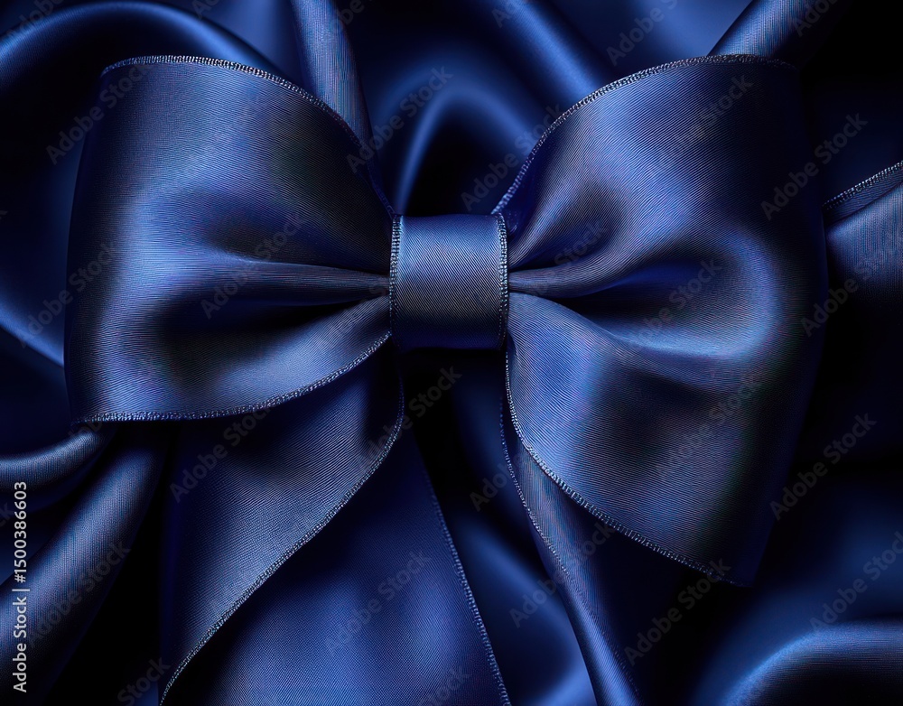 Poster close-up of a shiny smooth dark blue satin fabric tied into a large elegant bow with soft flowing fo