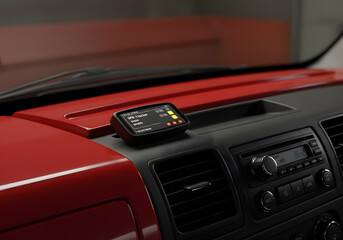 Obraz premium Red vehicle dashboard with technology device