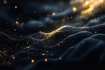 Dark, textured landscape with golden particles