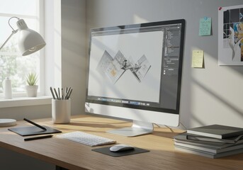 Modern Workspace Desktop with Computer Monitor Lamp Pencils and Wooden Desk Photo