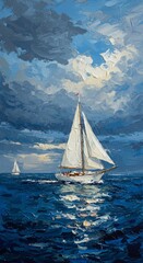 Mosaic Illustration Of Sailboats On The Ocean Under A Cloudy Sky With Sunlight