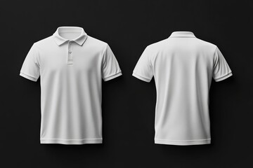 Blank white polo shirt, front and back views, on black background