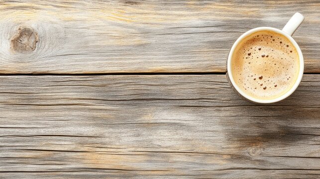 Elevated view of a steaming coffee cup on weathered wood planks.