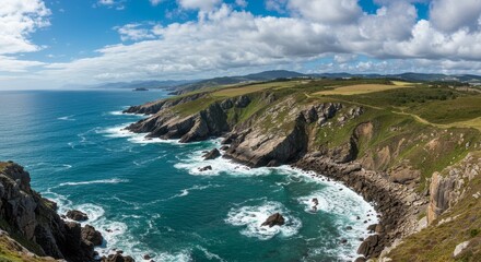 Fototapeta premium Panoramic Coastal View of Ocean Cliffs with Blue Sea and Sky