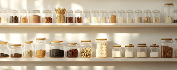 Organized pantry shelves with glass jars