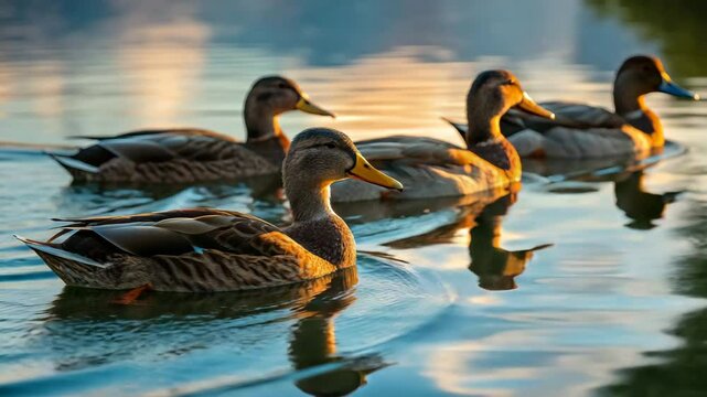 Four ducks swimming in serene pond during golden hour  