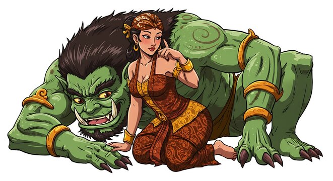 a comic cartoon sexy pose sensual sleep Javanese woman wearing kemben batik and love charm monster buto ijo, isolated white screen background
