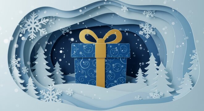 Paper Cut Illustration of a Blue Gift in Winter Forest with Snow and Snowflakes