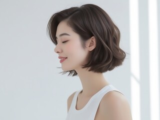 Side Profile Portrait of a Young Woman with Wavy Short Hair in Natural Light