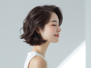 Side Profile Portrait of a Young Woman with Wavy Short Hair in Natural Light