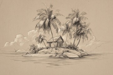 Island landscape featuring a small wooden cabin surrounded by palm trees, rocks, and calm waters, creating a serene tropical atmosphere with natural beauty