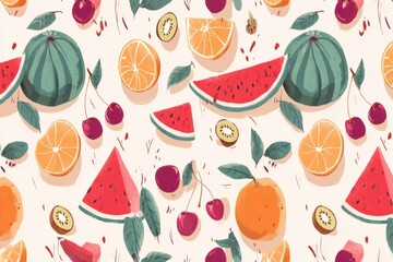 Colorful flat illustration of various fruits including watermelon, oranges, cherries, and kiwis arranged in a vibrant pattern, showcasing a lively and fresh design concept
