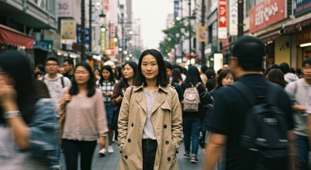 Serene woman amidst blurred bustle evokes inner peace in a crowded street
