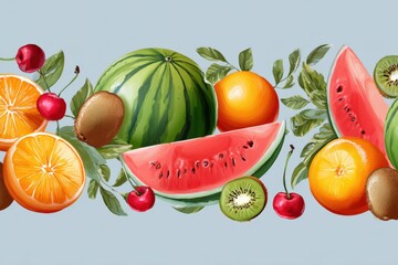Colorful illustration of assorted fruits including watermelon, oranges, cherries, and kiwi, arranged artistically with green leaves on a soft blue background, showcasing vibrant natural beauty