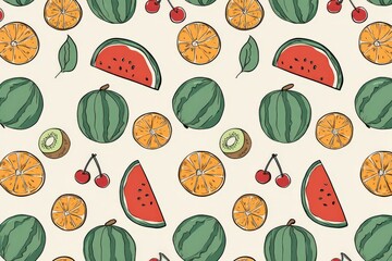 Colorful flat illustration of various fruits including watermelon, oranges, cherries, and kiwi arranged in a seamless pattern on a light background for decorative purposes
