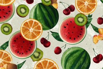 Colorful flat illustration of assorted fruits including watermelon, oranges, cherries, and kiwis arranged artistically on a textured background, showcasing vibrant colors and natural beauty