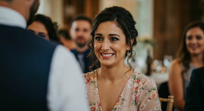Woman at a wedding with a forced smile amidst conflicting emotions looking away