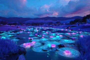 Vibrant landscape featuring illuminated water lilies in a serene pond at dusk, surrounded by lush foliage and rolling hills, creating a magical and tranquil atmosphere