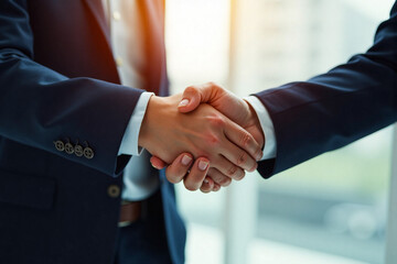 Business professionals shaking hands in office setting during daytime  