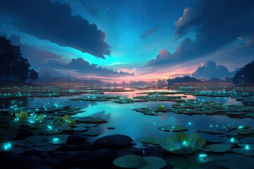 Serene landscape at twilight, featuring a tranquil lake surrounded by lush greenery, illuminated by glowing water lilies and a starry sky, creating a peaceful atmosphere