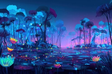 Vibrant digital illustration of a serene nighttime landscape featuring glowing flowers, lush foliage, and a tranquil water surface reflecting colorful lights and enchanting atmosphere