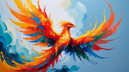 Obraz premium Vibrant artistic painting of a fiery phoenix bird rising from swirling blue and orange flames, symbolizing rebirth, strength, and transformation in a dynamic colorful abstract style