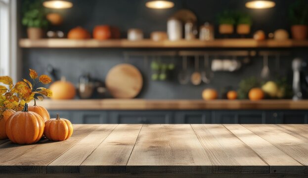 Autumn kitchen countertop, pumpkins and fall leaves