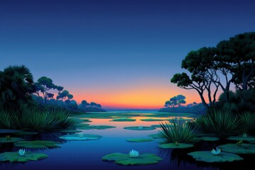 Serene landscape illustration featuring tranquil water lilies on a calm lake, surrounded by lush greenery and silhouetted trees at sunset, creating a peaceful natural scene