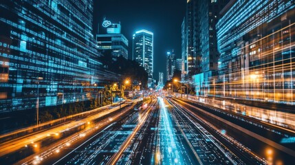 Fototapeta premium Night city panorama showcasing accelerated light streaks among digital buildings