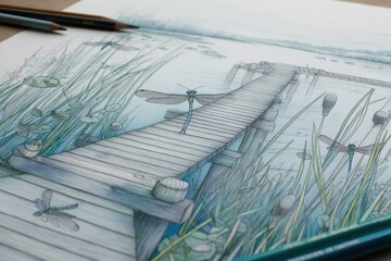Watercolor illustration of a serene wooden dock extending over a tranquil lake, surrounded by lush greenery and dragonflies, capturing a peaceful natural scene
