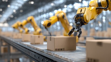 Automated packaging process warehouse robotics industrial setting close-up efficiency in logistics