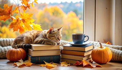 Cozy Autumn Cat Nap by Window.