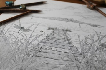 Detailed pencil sketch illustration of a wooden pier extending into a serene lake, surrounded by lush grass and delicate dragonflies, capturing a tranquil nature scene
