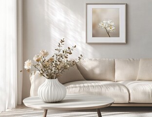 Beige living room with floral art