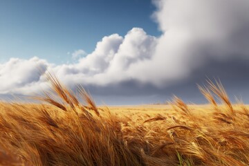 Golden wheat field swaying gently in the breeze under a bright blue sky with fluffy clouds, capturing the essence of nature's beauty and agricultural abundance