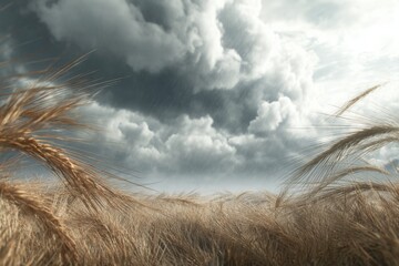 Dramatic landscape featuring golden wheat field under a stormy sky with dark clouds, capturing the essence of nature's beauty and impending weather changes