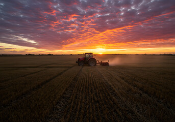 Fototapeta premium Sunset tractor farming scene