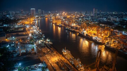 Fototapeta premium Nighttime industrial activity at a port city skyline aerial view urban landscape vibrant environment