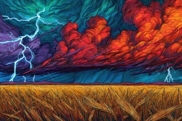 Dramatic landscape featuring vibrant clouds illuminated by lightning, with golden wheat fields in the foreground, showcasing the power of nature and atmospheric beauty