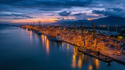 Naklejka premium Harbor operations at dusk port city aerial view industrial environment serene reflection