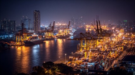 Fototapeta premium Nighttime industrial activity port city aerial view urban environment container shipping operations