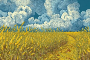 Vibrant wheat field with golden stalks swaying in the breeze, under a dramatic sky filled with swirling clouds, creating a picturesque rural landscape scene