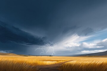 Dramatic landscape featuring golden grass fields under a stormy sky with dark clouds and lightning illuminating the horizon, creating a powerful natural scene