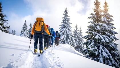 Skiers ascend snowy mountain.